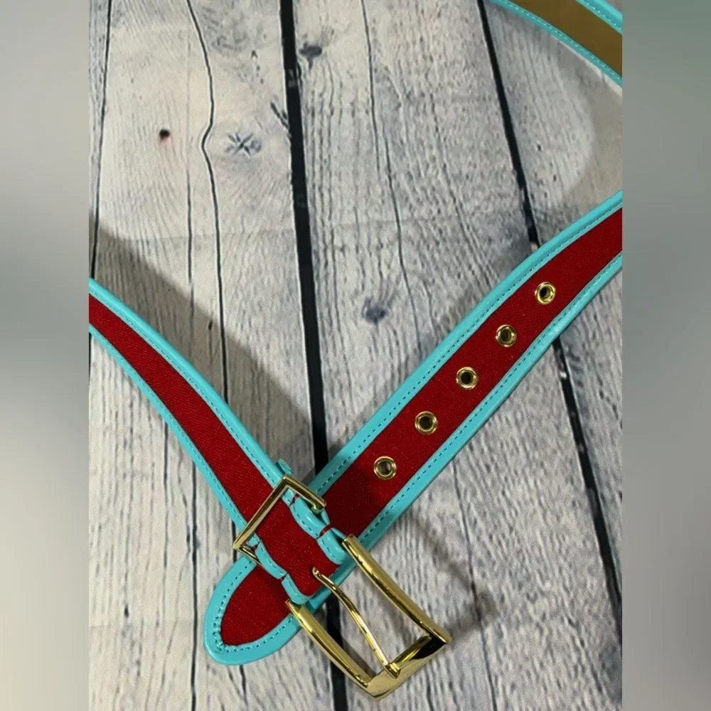 Talbots Red Linen Teal Leather Trim Gold Hardware Preppy Coastal Nautical Belt M